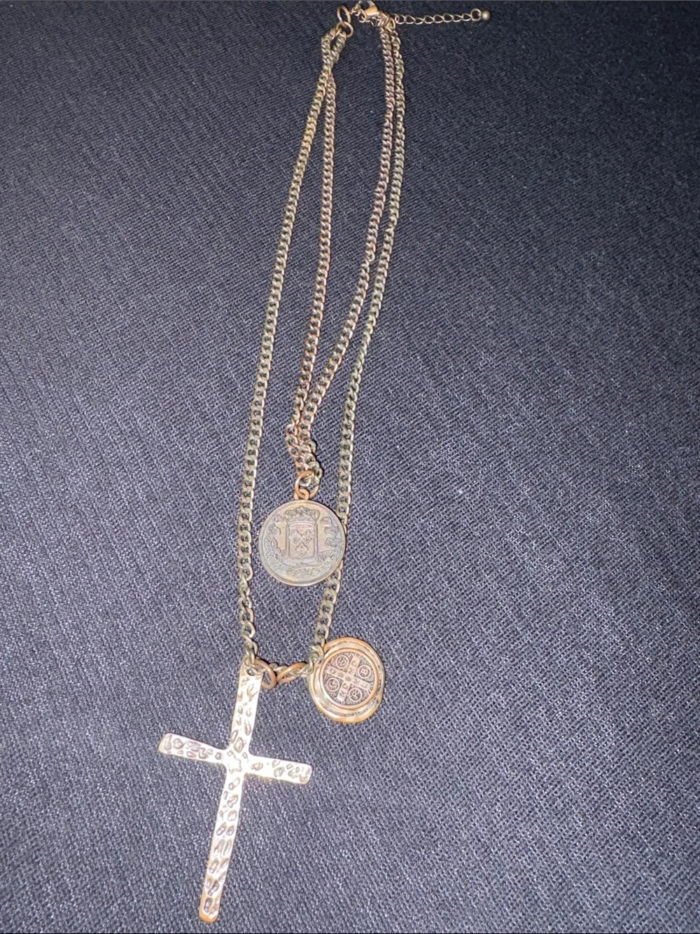 Layered Cross and Coin Pendant Necklace